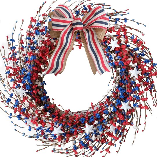 18-inch Patriotic Red, White, and Blue Berries Leaves Wreath for Front Door